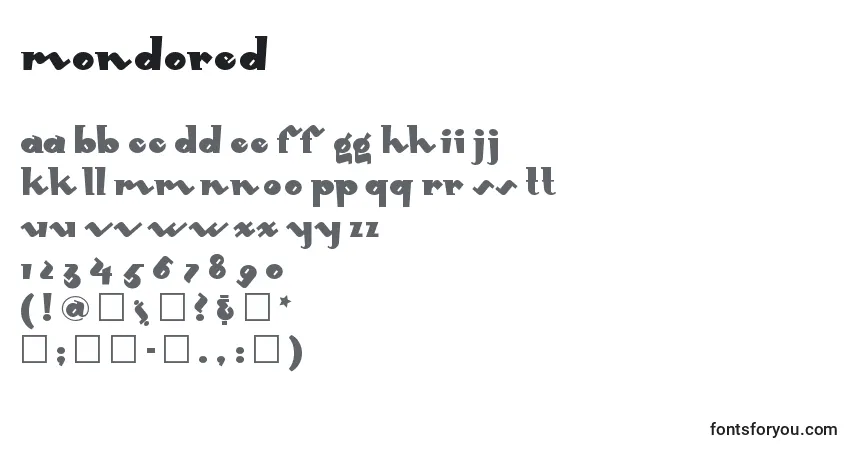 Schriftart Mondored – Alphabet, Zahlen, spezielle Symbole