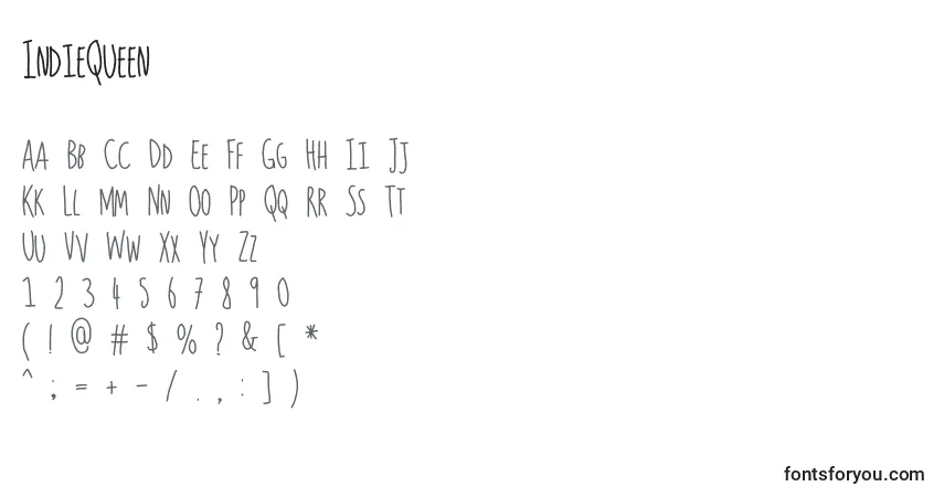 Czcionka IndieQueen – alfabet, cyfry, specjalne znaki