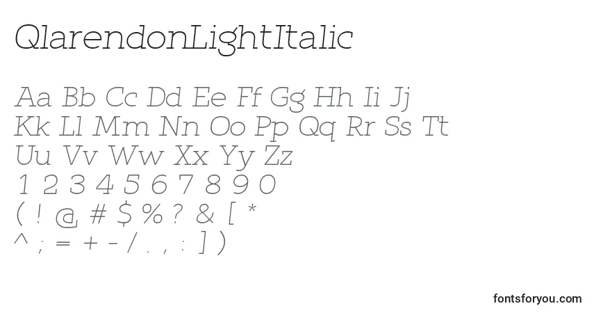A fonte QlarendonLightItalic – alfabeto, números, caracteres especiais