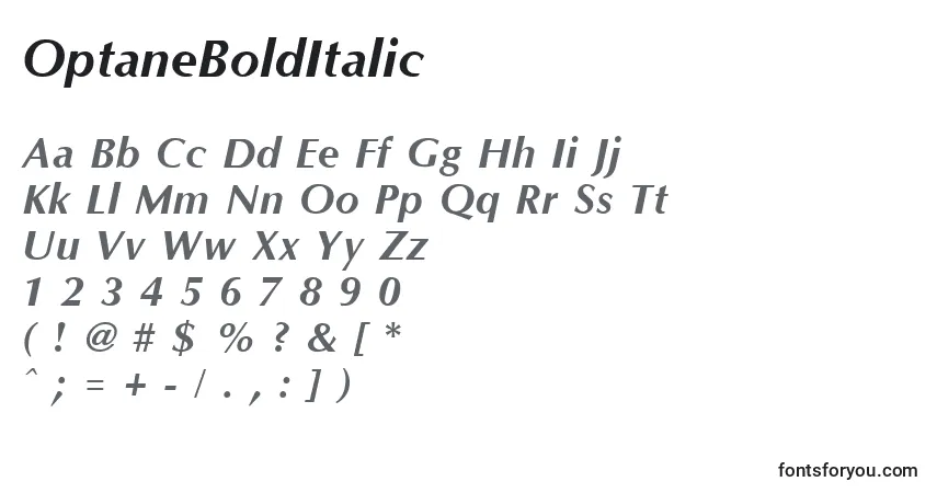 Czcionka OptaneBoldItalic – alfabet, cyfry, specjalne znaki