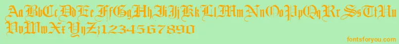 フォントLaandbrau – オレンジの文字が緑の背景にあります。