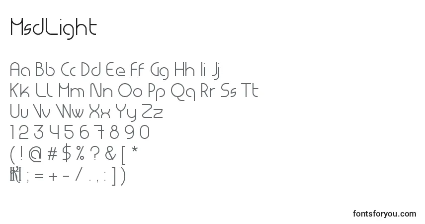 A fonte MsdLight (117433) – alfabeto, números, caracteres especiais