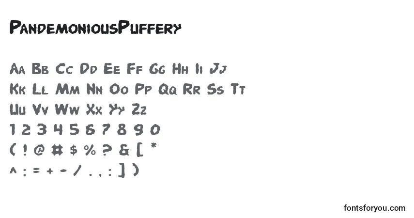 Czcionka PandemoniousPuffery – alfabet, cyfry, specjalne znaki