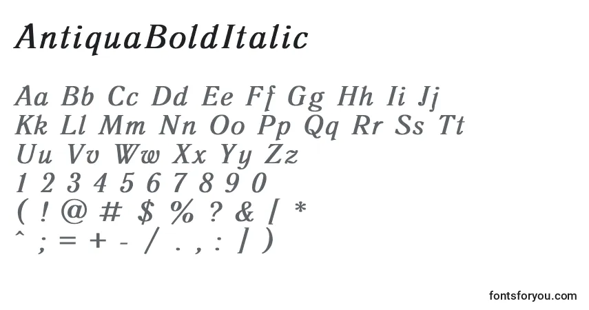 Czcionka AntiquaBoldItalic – alfabet, cyfry, specjalne znaki