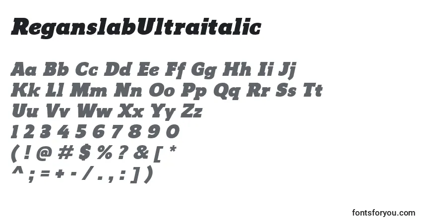 A fonte ReganslabUltraitalic – alfabeto, números, caracteres especiais