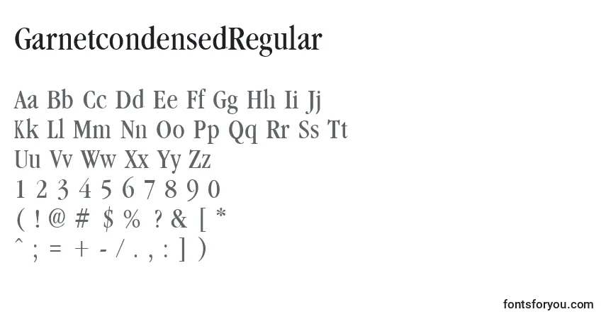 Czcionka GarnetcondensedRegular – alfabet, cyfry, specjalne znaki