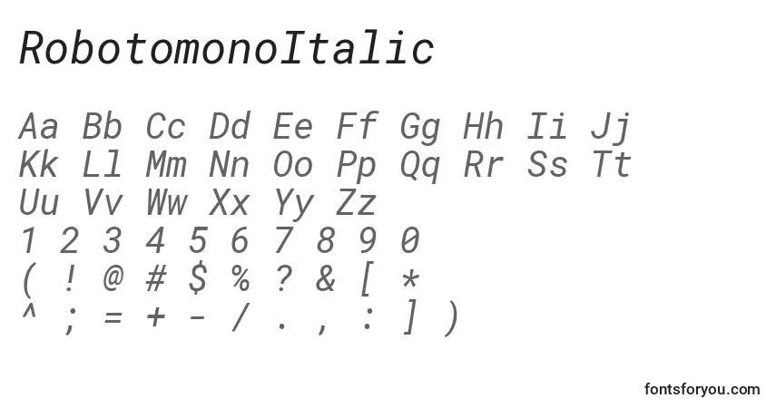 Шрифт RobotomonoItalic – алфавит, цифры, специальные символы