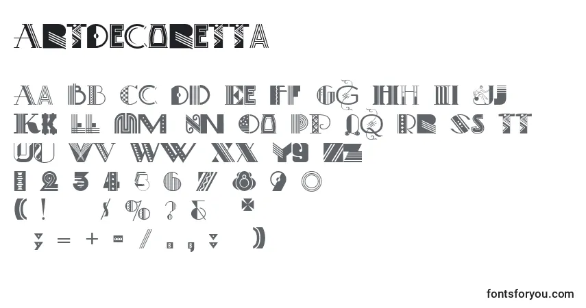 A fonte ArtDecoretta – alfabeto, números, caracteres especiais
