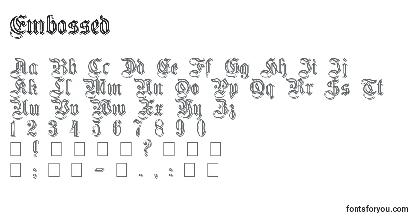 A fonte Embossed – alfabeto, números, caracteres especiais