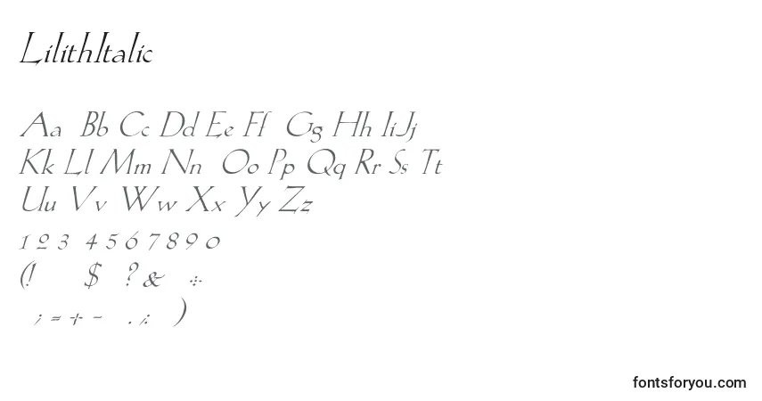 Schriftart LilithItalic – Alphabet, Zahlen, spezielle Symbole