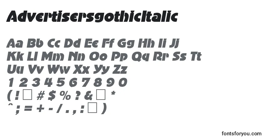 A fonte AdvertisersgothicItalic – alfabeto, números, caracteres especiais