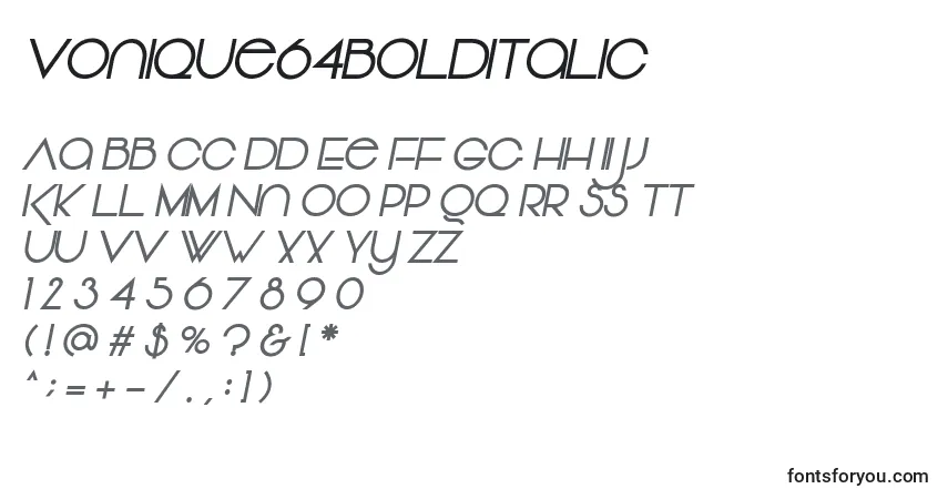 A fonte Vonique64BoldItalic – alfabeto, números, caracteres especiais