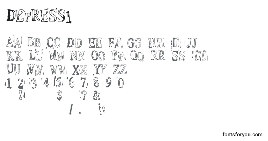 Czcionka Depress1 – alfabet, cyfry, specjalne znaki