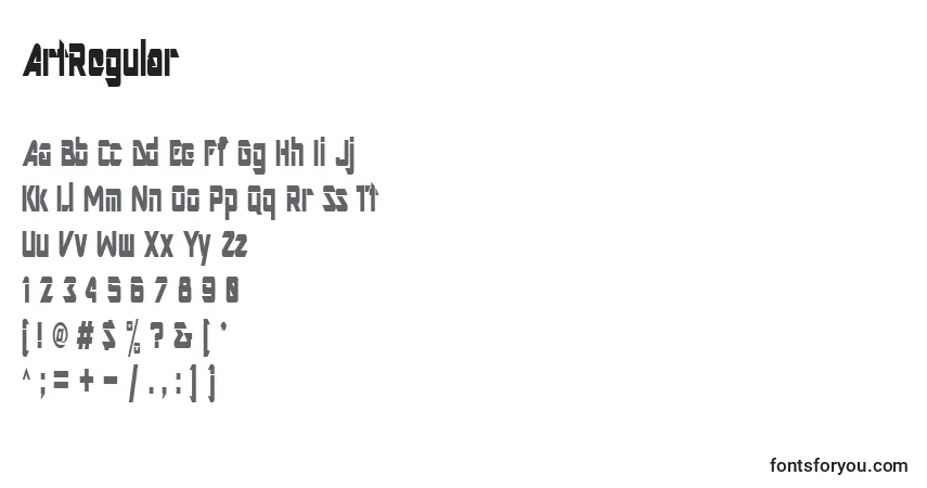 Czcionka ArtRegular – alfabet, cyfry, specjalne znaki