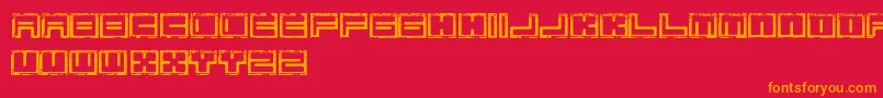 BimErodedFreePromo-Schriftart – Orangefarbene Schriften auf rotem Hintergrund