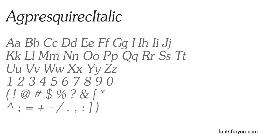 Schriftart AgpresquirecItalic – Alphabet, Zahlen, spezielle Symbole