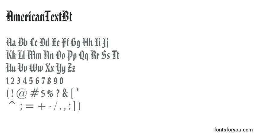 Czcionka AmericanTextBt – alfabet, cyfry, specjalne znaki