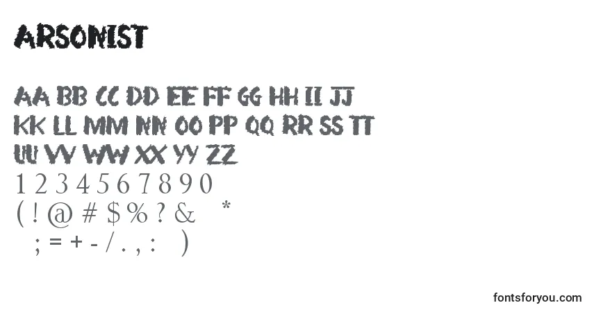 Czcionka Arsonist – alfabet, cyfry, specjalne znaki