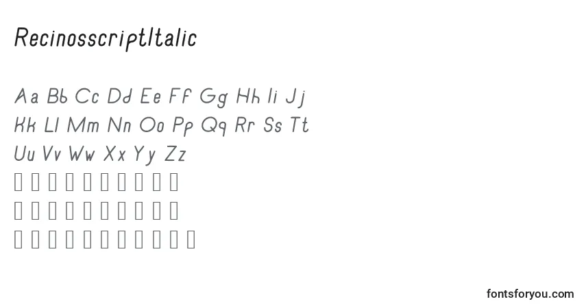 Шрифт RecinosscriptItalic – алфавит, цифры, специальные символы