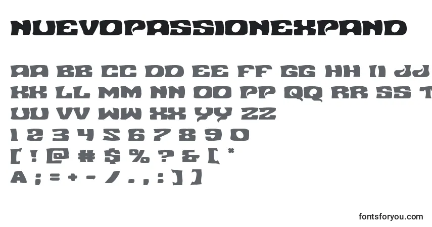 A fonte Nuevopassionexpand – alfabeto, números, caracteres especiais