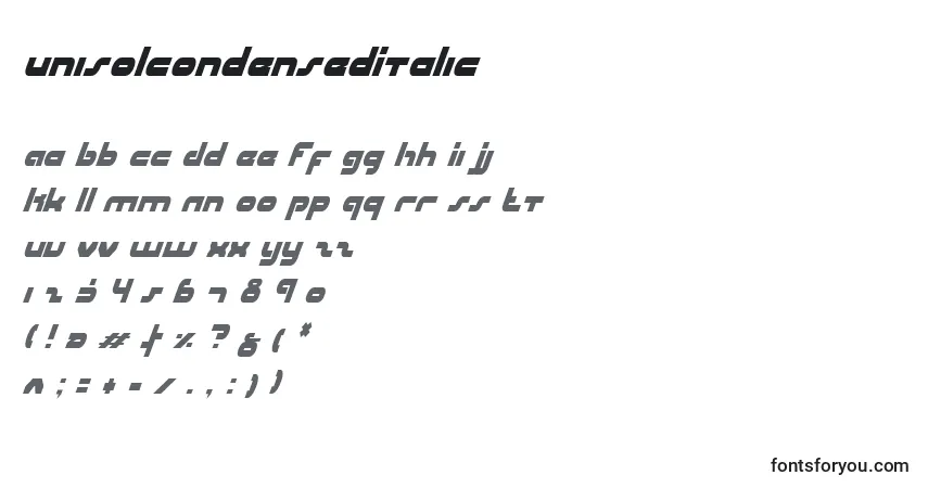 Czcionka UniSolCondensedItalic – alfabet, cyfry, specjalne znaki
