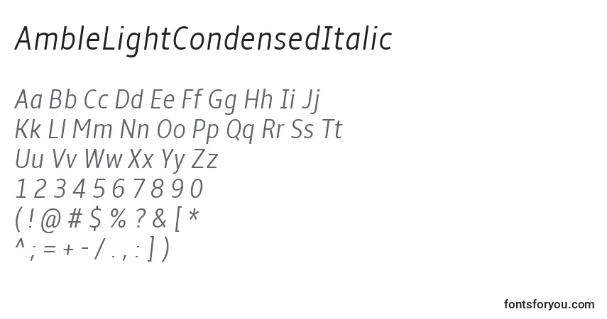 Schriftart AmbleLightCondensedItalic – Alphabet, Zahlen, spezielle Symbole