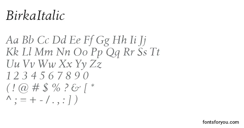 BirkaItalic-fontti – aakkoset, numerot, erikoismerkit