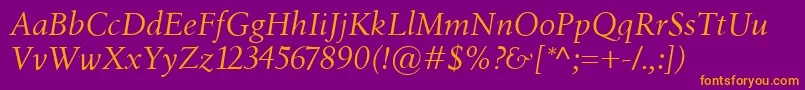 BirkaItalic-fontti – oranssit fontit violetilla taustalla