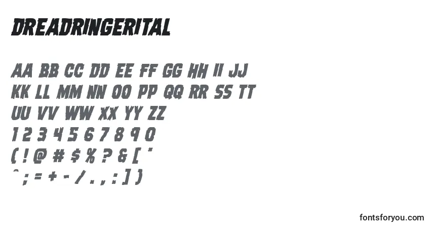Czcionka Dreadringerital – alfabet, cyfry, specjalne znaki
