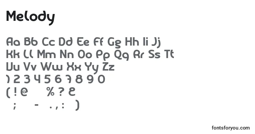 Czcionka Melody – alfabet, cyfry, specjalne znaki