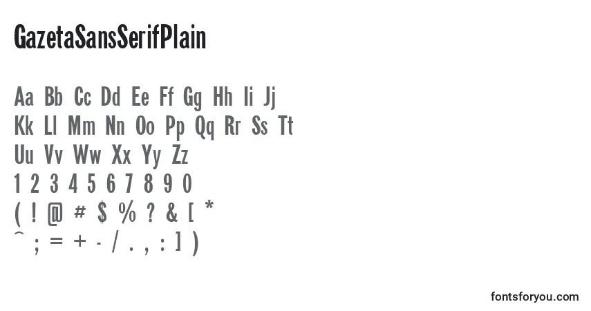 Czcionka GazetaSansSerifPlain – alfabet, cyfry, specjalne znaki