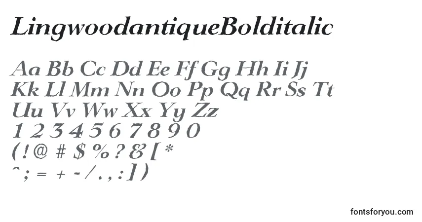 A fonte LingwoodantiqueBolditalic – alfabeto, números, caracteres especiais