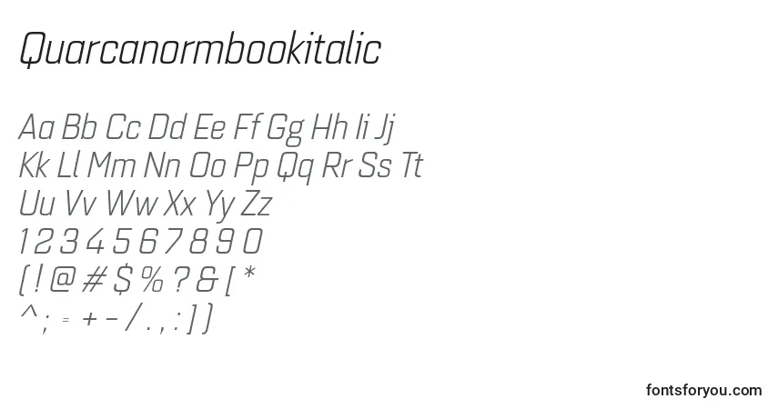 A fonte Quarcanormbookitalic – alfabeto, números, caracteres especiais