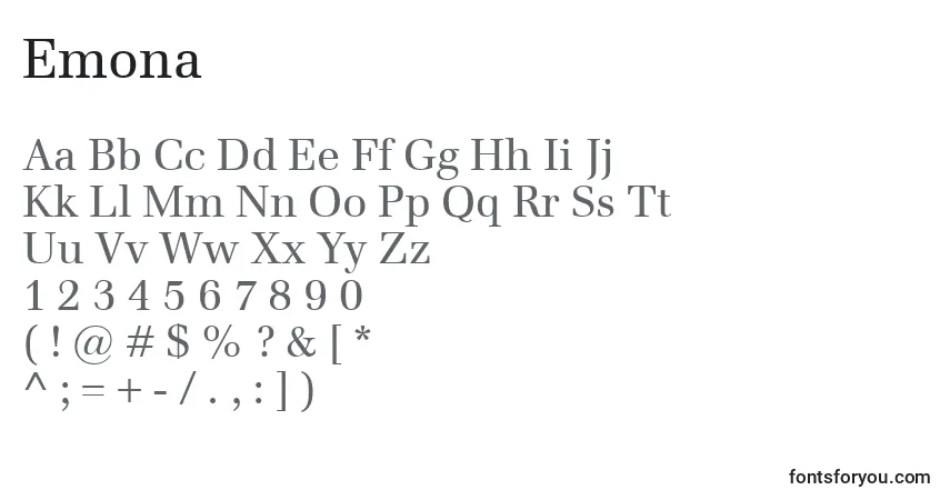Schriftart Emona – Alphabet, Zahlen, spezielle Symbole