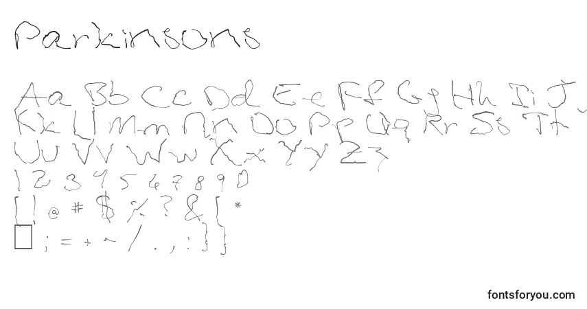 A fonte Parkinsons – alfabeto, números, caracteres especiais