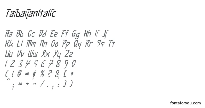 Czcionka TaibaijanItalic – alfabet, cyfry, specjalne znaki