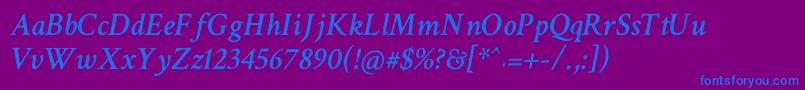 CrimsonTextSemiboldItalic-Schriftart – Blaue Schriften auf violettem Hintergrund