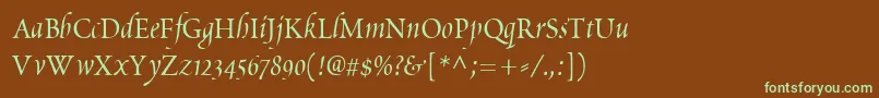 フォントPoeticaChanceryIv – 緑色の文字が茶色の背景にあります。