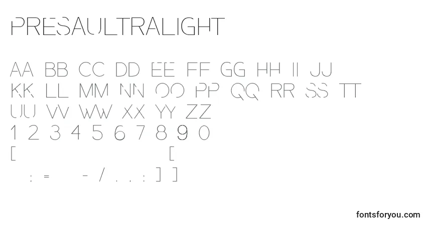 Шрифт PresaUltralight (117767) – алфавит, цифры, специальные символы