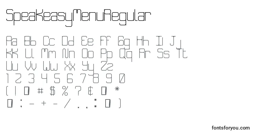 A fonte SpeakeasyMenuRegular – alfabeto, números, caracteres especiais