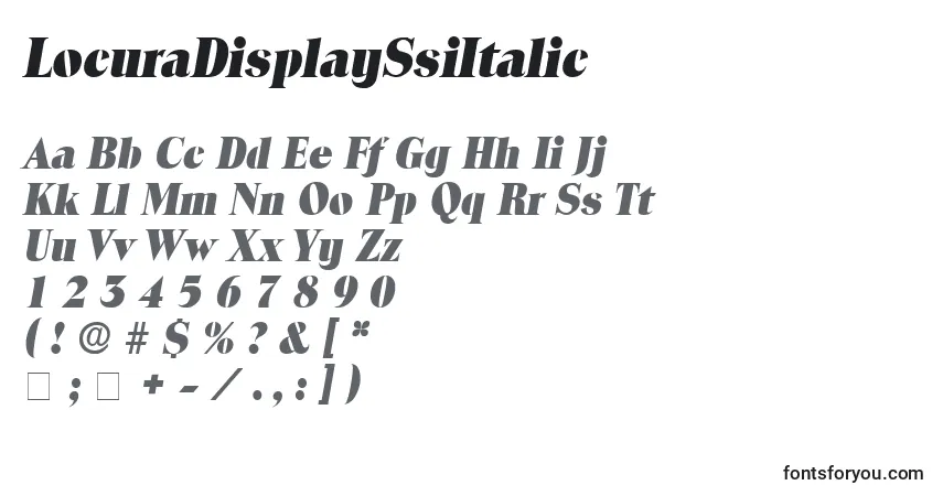 A fonte LocuraDisplaySsiItalic – alfabeto, números, caracteres especiais