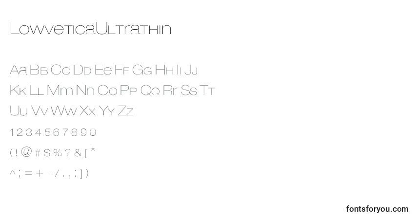 Czcionka LowveticaUltrathin – alfabet, cyfry, specjalne znaki