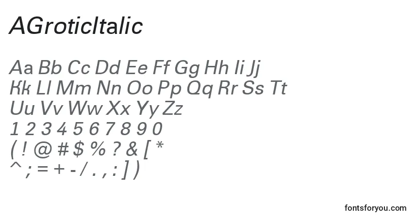 Schriftart AGroticItalic – Alphabet, Zahlen, spezielle Symbole