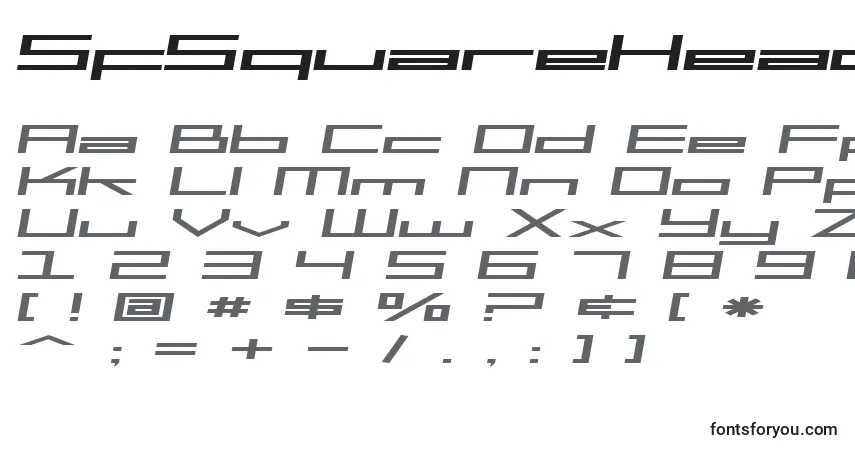 Czcionka SfSquareHeadExtendedItalic – alfabet, cyfry, specjalne znaki