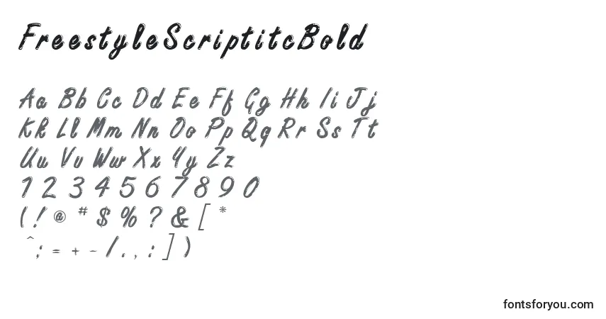 A fonte FreestyleScriptitcBold – alfabeto, números, caracteres especiais