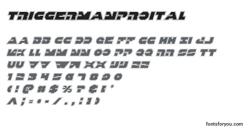 A fonte Triggermanproital – alfabeto, números, caracteres especiais