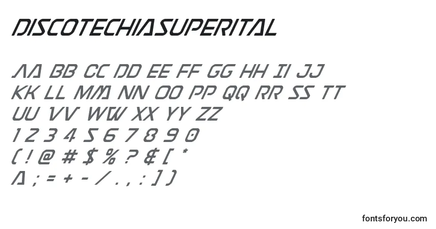 Czcionka Discotechiasuperital – alfabet, cyfry, specjalne znaki