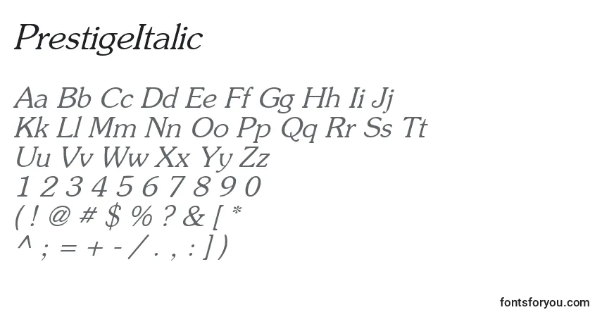Schriftart PrestigeItalic – Alphabet, Zahlen, spezielle Symbole
