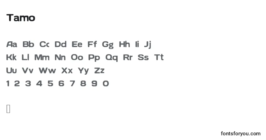 Czcionka Tamo – alfabet, cyfry, specjalne znaki