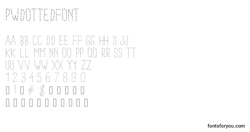 Czcionka Pwdottedfont – alfabet, cyfry, specjalne znaki